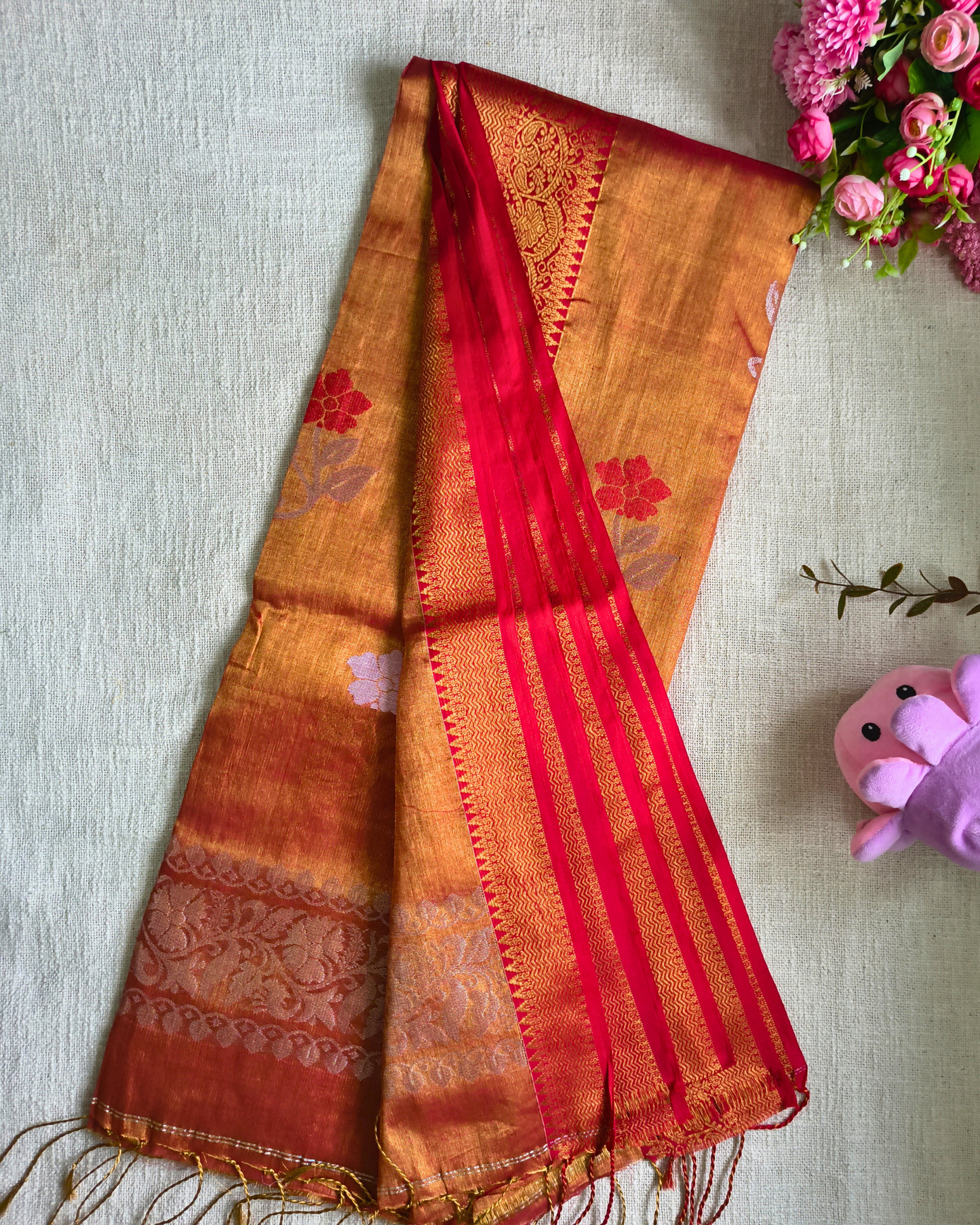 Handloom Metalic Tissue Linen with Jamdhani Weaving Buttas - Sunset Orange