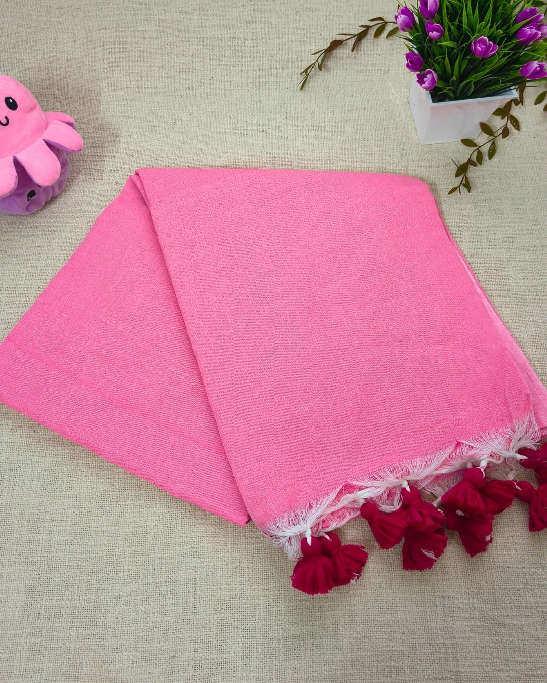 Khadi Cotton Handloom Saree Plain - Pink