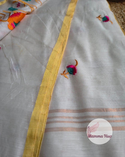 Floral Embroidery Handloom Saree - Slub Cotton (White-Orange)