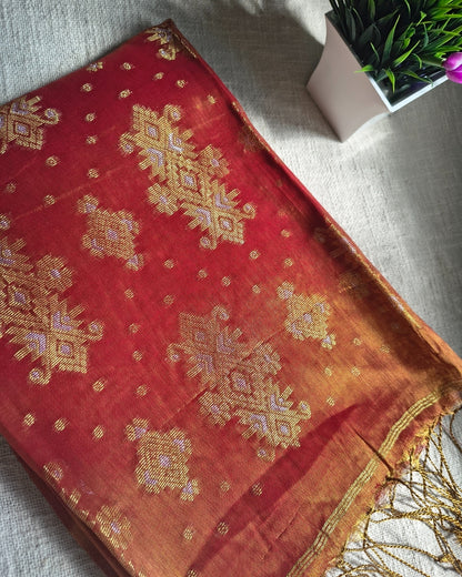 Soft Linen Tissue Saree with Golden Silver Zari weaving - Sunset MammaHug