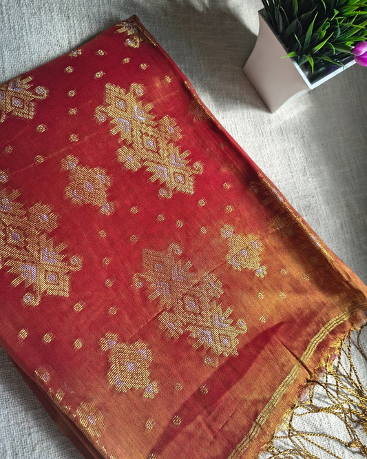 Soft Linen Tissue Saree with Golden Silver Zari weaving - Sunset MammaHug