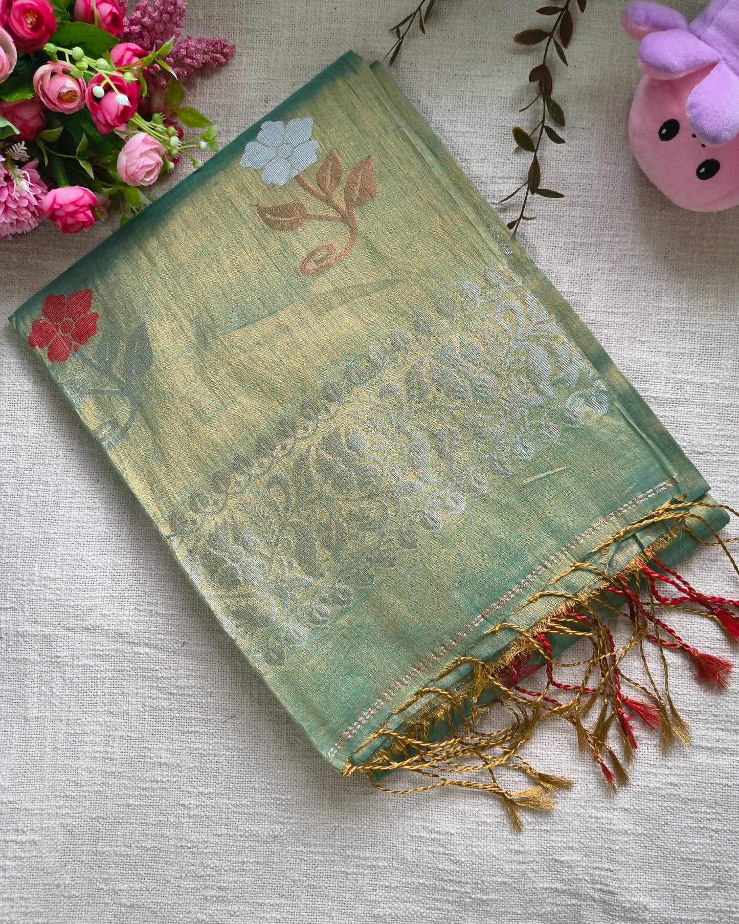 Handloom Metalic Tissue Linen with Jamdhani Weaving Buttas - Sage Green