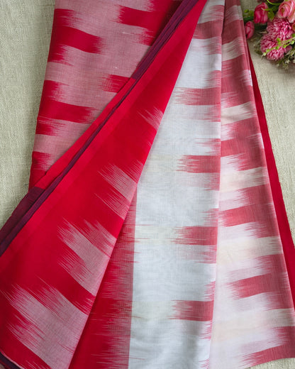 Pure Cottom Handloom Saree - Ikkat Geometry - White & Red