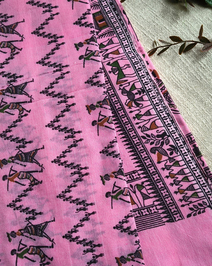 Khadi Cotton Handloom Saree - Madhubani Design - Baby Pink
