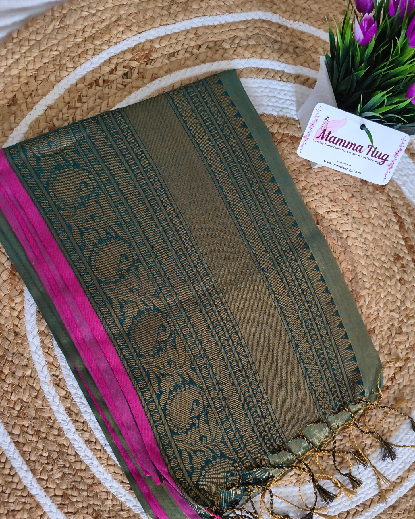Khadi Tissue Handloom Saree with Thread Woven Border - Copper Green