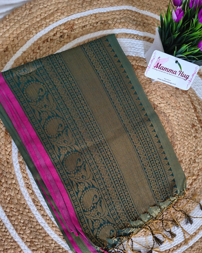 Khadi Tissue Handloom Saree with Thread Woven Border - Copper Green
