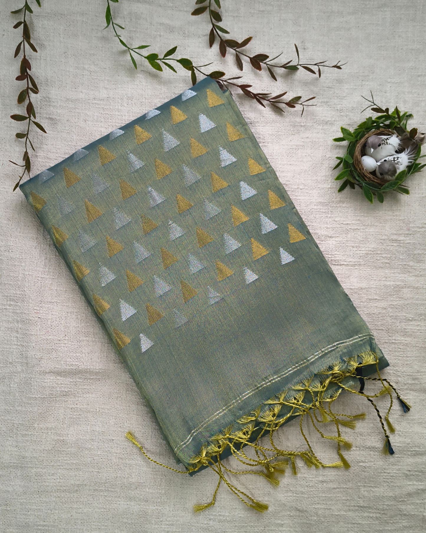 Linen Tissue Saree with Golden Silver Zari weaving - Gray Olive