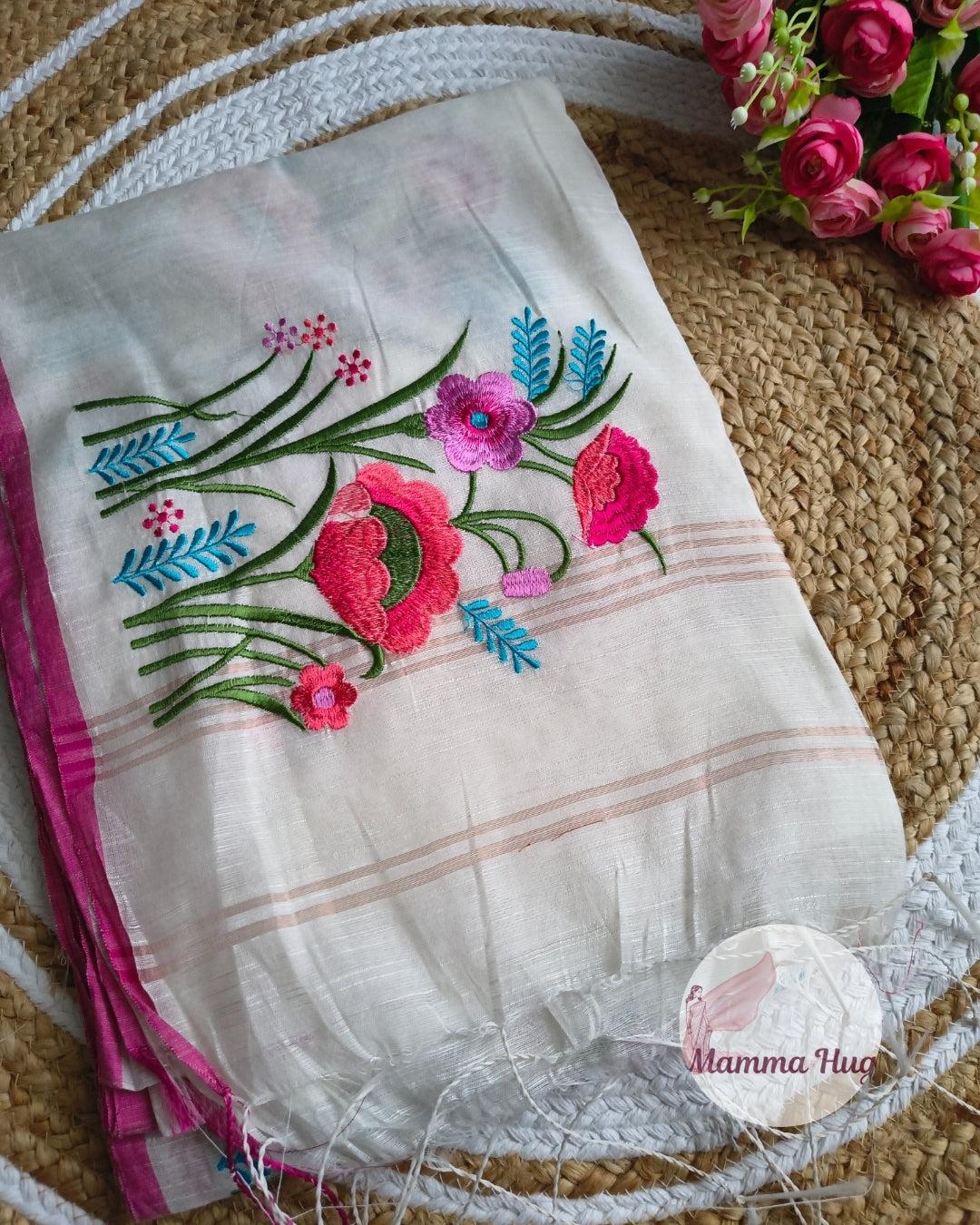 Floral Embroidery Handloom Saree - Slub Cotton (White-Pink)