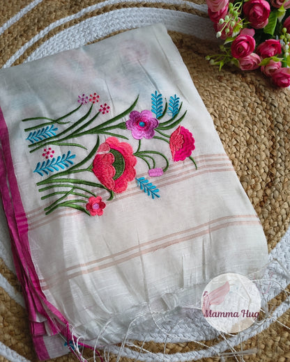Floral Embroidery Handloom Saree - Slub Cotton (White-Pink)