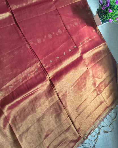 Soft Linen Tissue Saree with Golden Silver Zari weaving - Sunset MammaHug