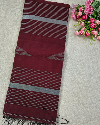 Cotton Silk Handloom Saree Woven with Silver Zari - Maroon