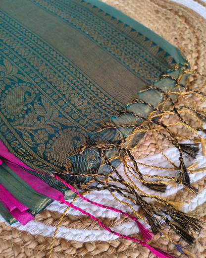 Khadi Tissue Handloom Saree with Thread Woven Border - Copper Green