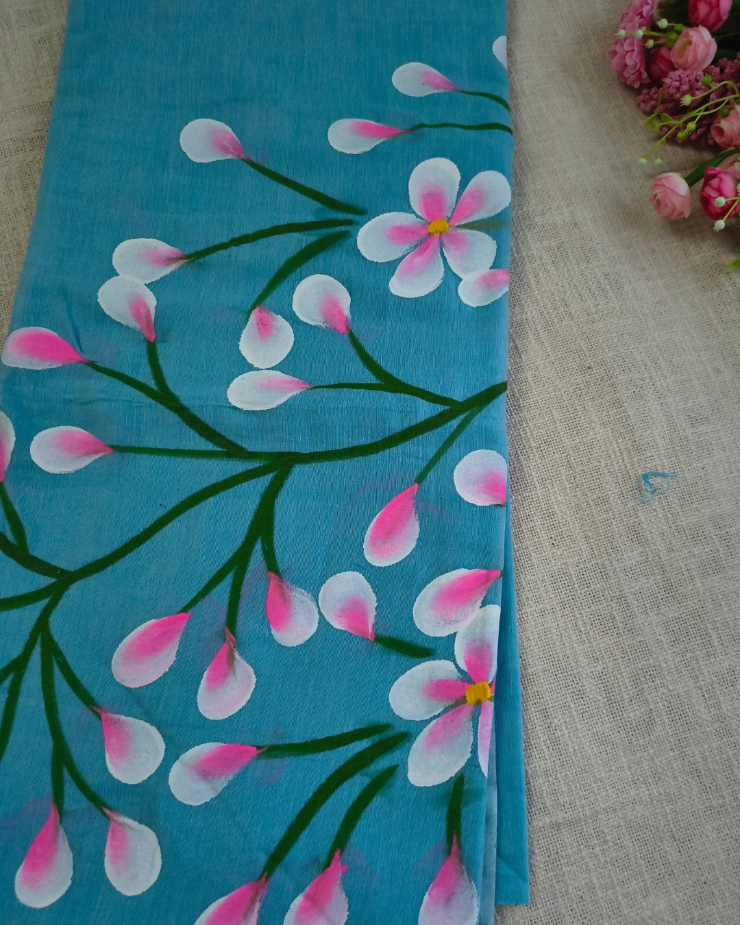Soft Cotton Handloom Saree with Hand-Painted Floral Design - Sky Blue