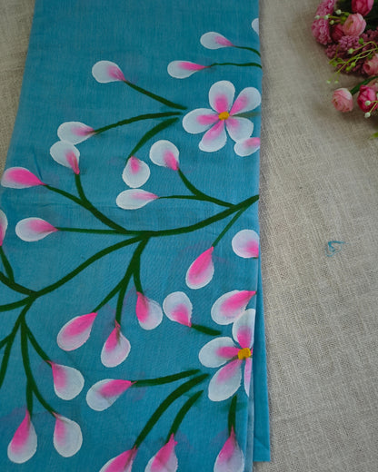 Soft Cotton Handloom Saree with Hand-Painted Floral Design - Sky Blue