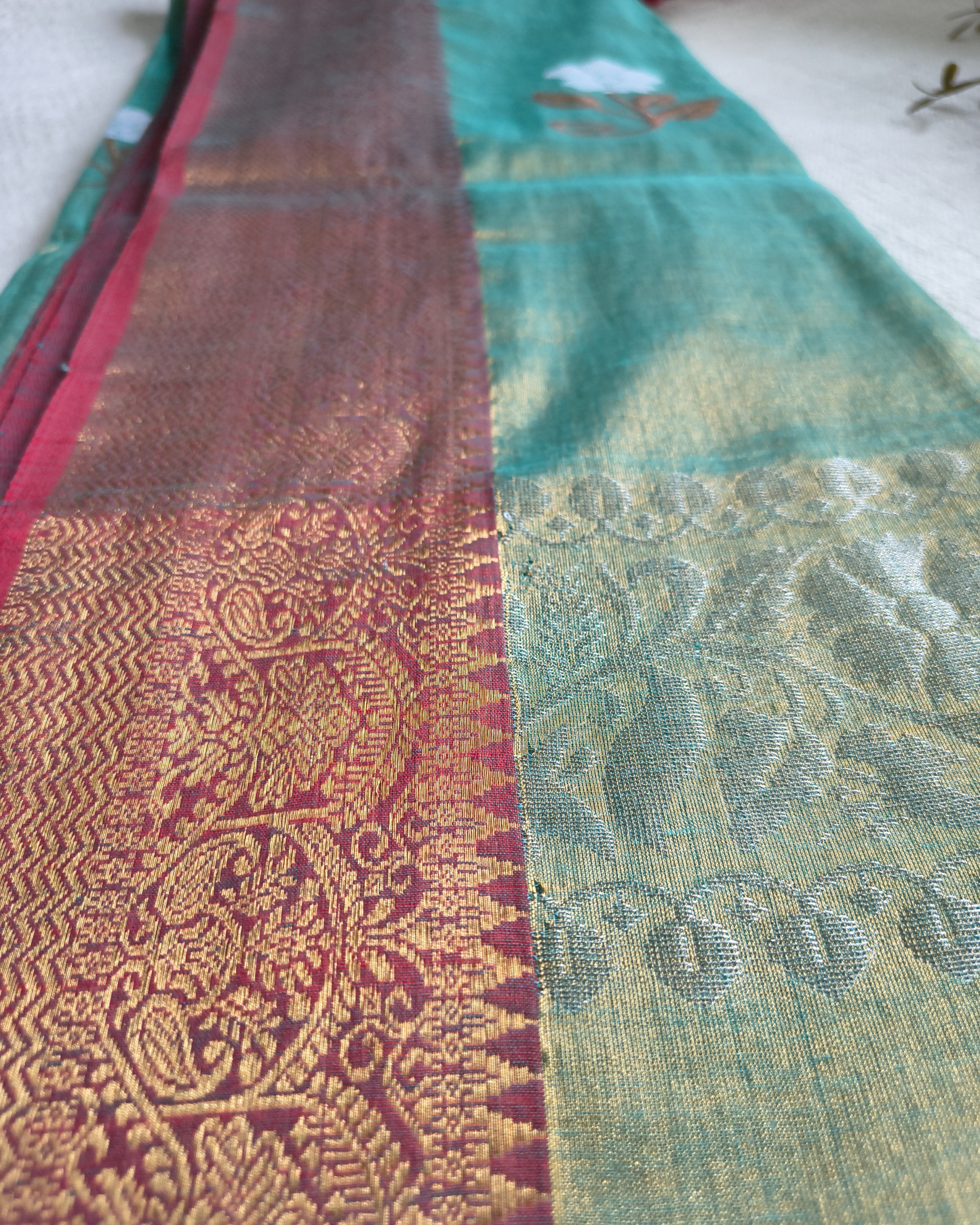 Handloom Metalic Tissue Linen with Jamdhani Weaving Buttas - Sage Green