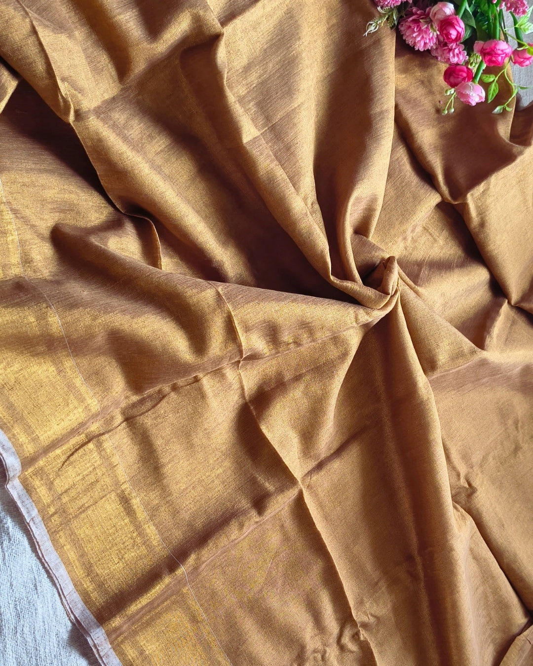 Linen Tissue Saree Plain - Golden MammaHug