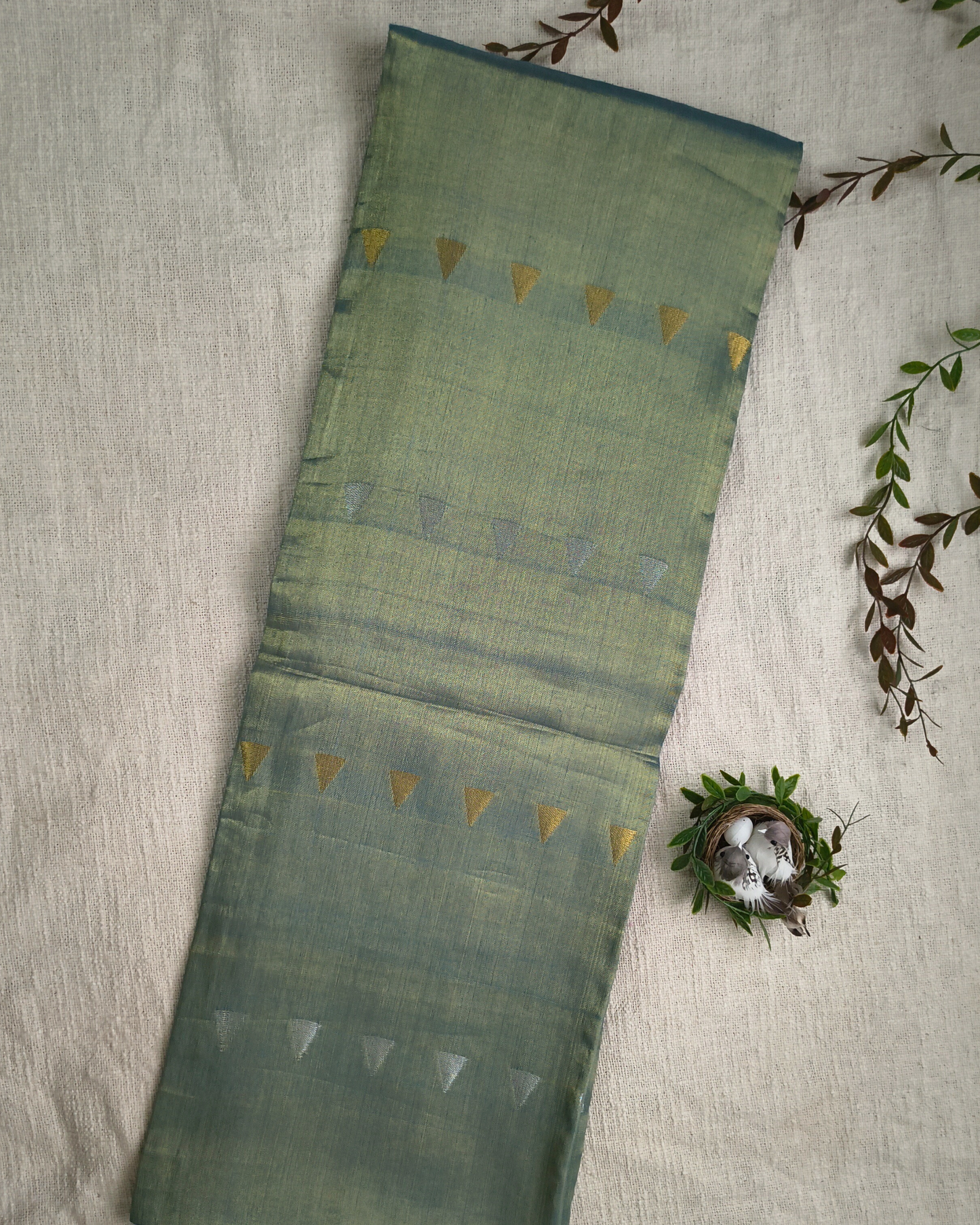 Linen Tissue Saree with Golden Silver Zari weaving - Gray Olive