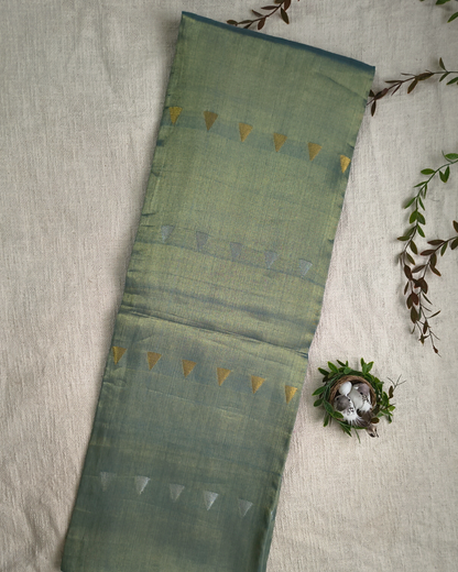 Linen Tissue Saree with Golden Silver Zari weaving - Gray Olive