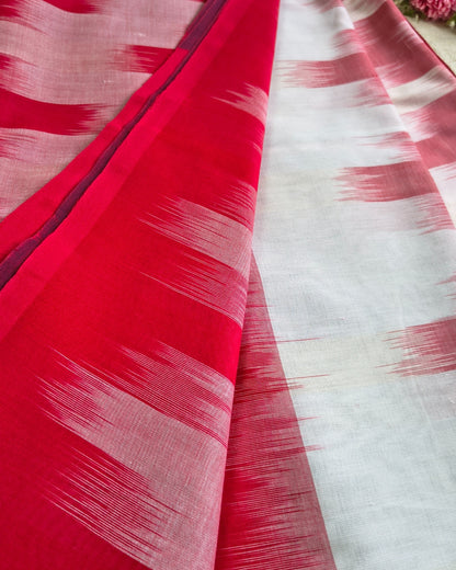 Pure Cottom Handloom Saree - Ikkat Geometry - White & Red