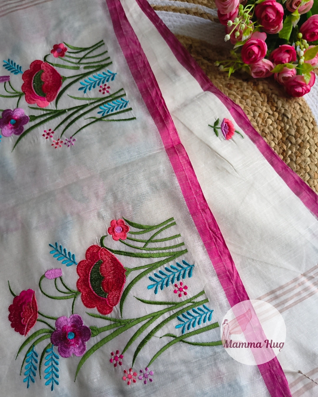 Floral Embroidery Handloom Saree - Slub Cotton (White-Pink)