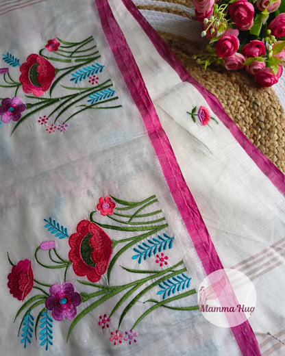 Floral Embroidery Handloom Saree - Slub Cotton (White-Pink)