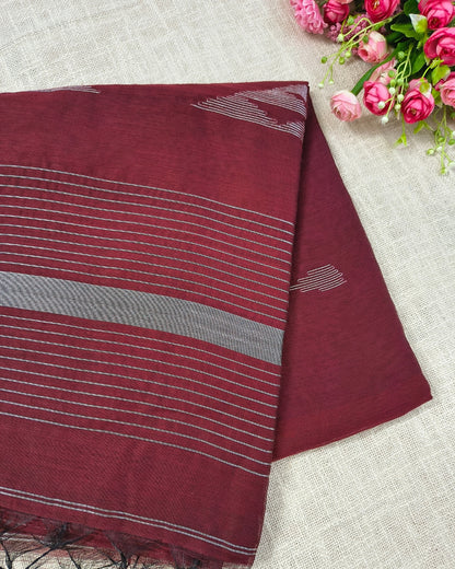 Cotton Silk Handloom Saree Woven with Silver Zari - Maroon