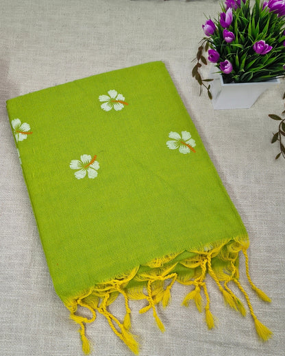 Khadi Cotton Handloom Saree Floral Painted - Parrot Green