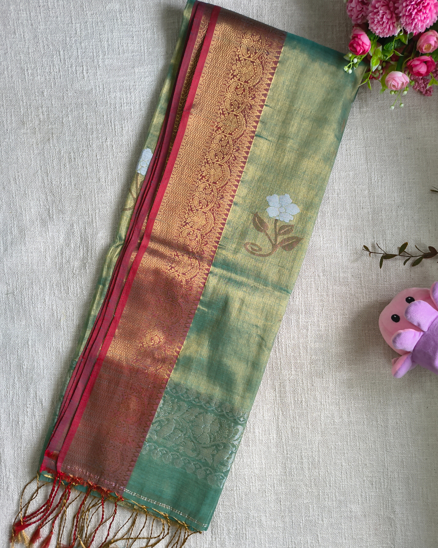 Handloom Metalic Tissue Linen with Jamdhani Weaving Buttas - Sage Green