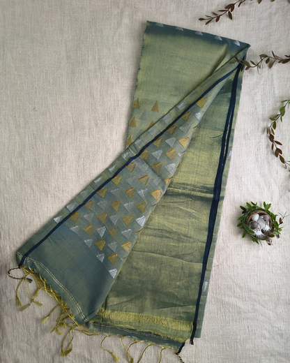 Linen Tissue Saree with Golden Silver Zari weaving - Gray Olive