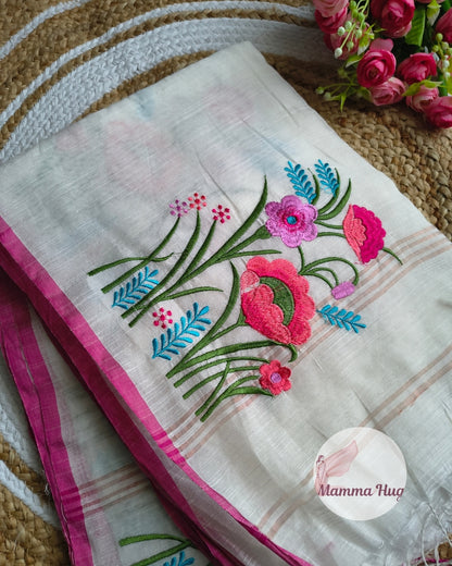 Floral Embroidery Handloom Saree - Slub Cotton (White-Pink)