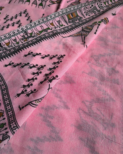 Khadi Cotton Handloom Saree - Madhubani Design - Baby Pink