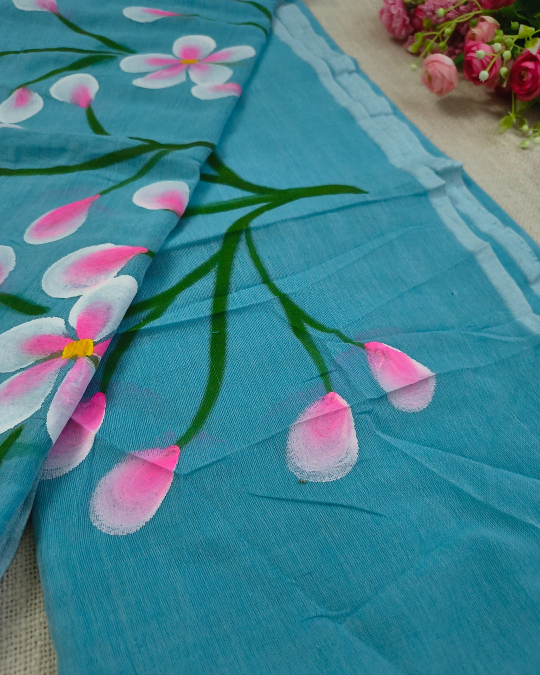Soft Cotton Handloom Saree with Hand-Painted Floral Design - Sky Blue