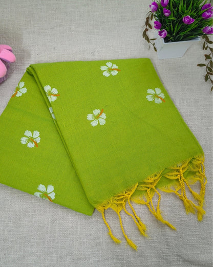 Khadi Cotton Handloom Saree Floral Painted - Parrot Green