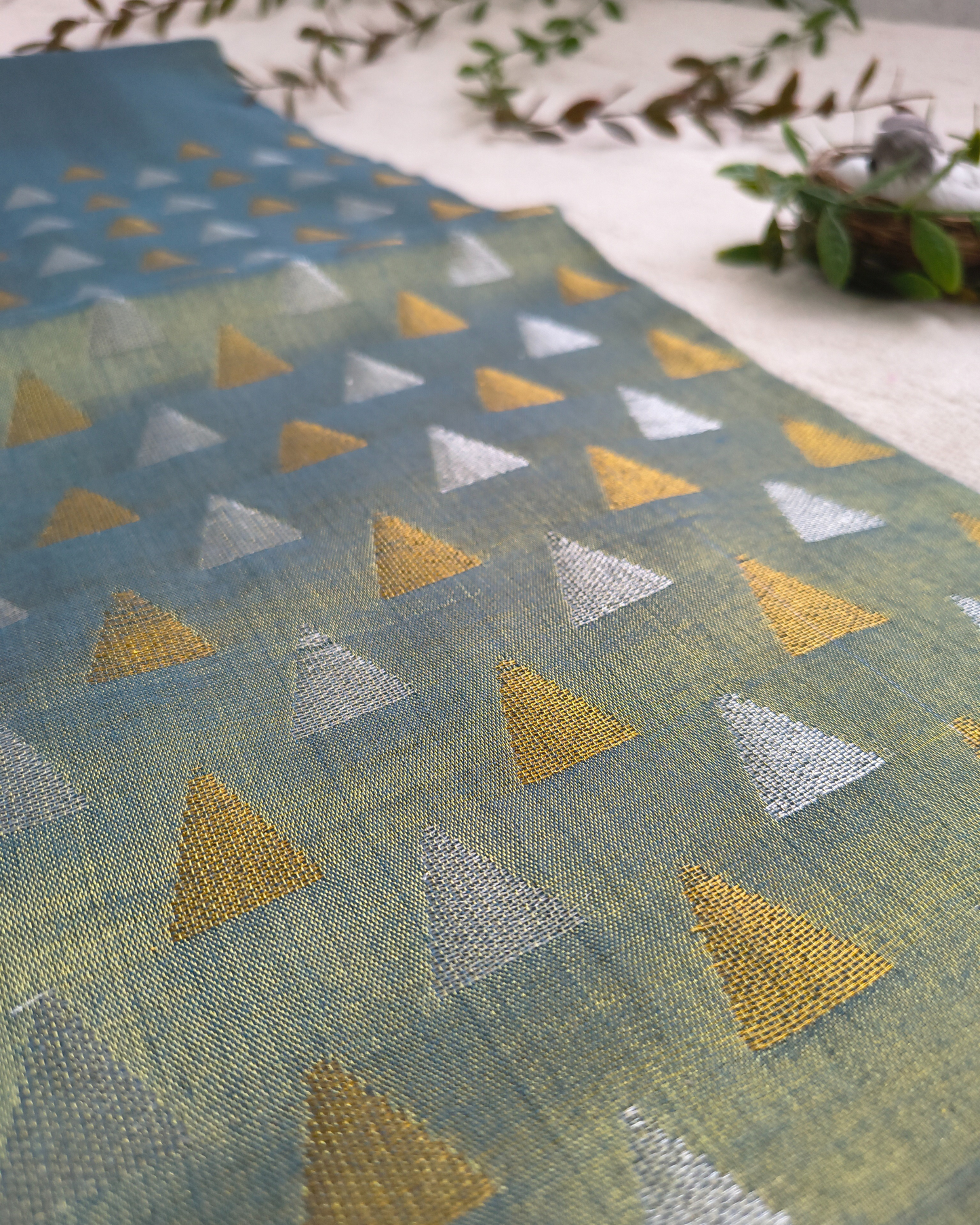 Linen Tissue Saree with Golden Silver Zari weaving - Gray Olive