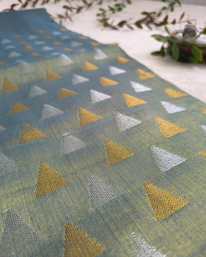 Linen Tissue Saree with Golden Silver Zari weaving - Gray Olive