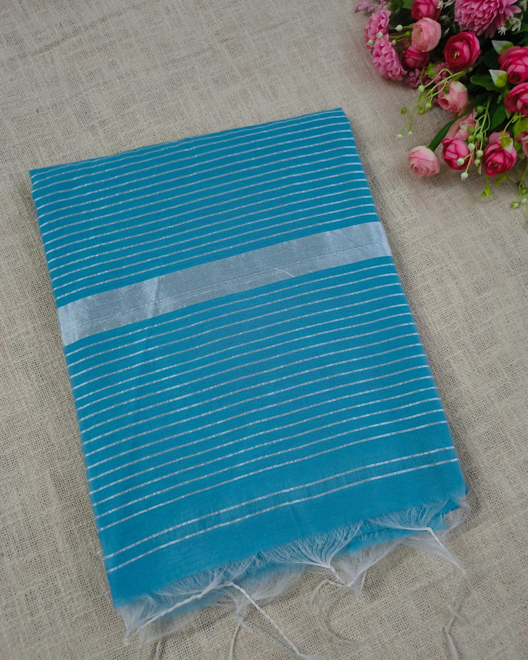 Cotton Silk Handloom Saree Woven with Silver Zari - Sky Blue
