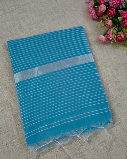 Cotton Silk Handloom Saree Woven with Silver Zari - Sky Blue
