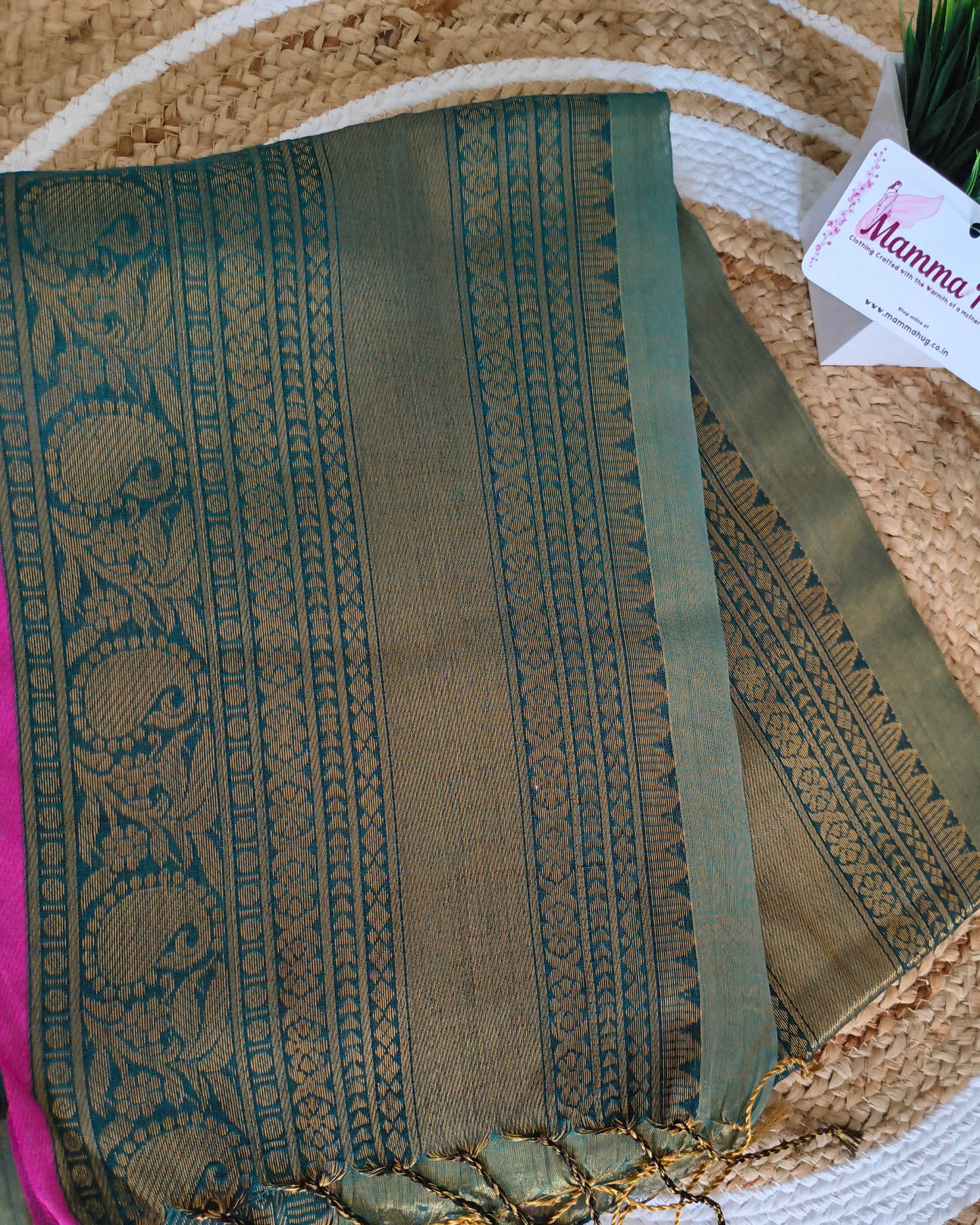 Khadi Tissue Handloom Saree with Thread Woven Border - Copper Green