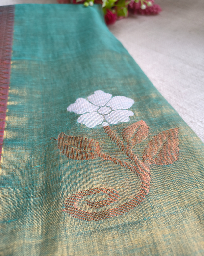 Handloom Metalic Tissue Linen with Jamdhani Weaving Buttas - Sage Green