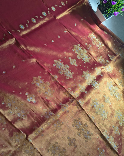Soft Linen Tissue Saree with Golden Silver Zari weaving - Sunset MammaHug