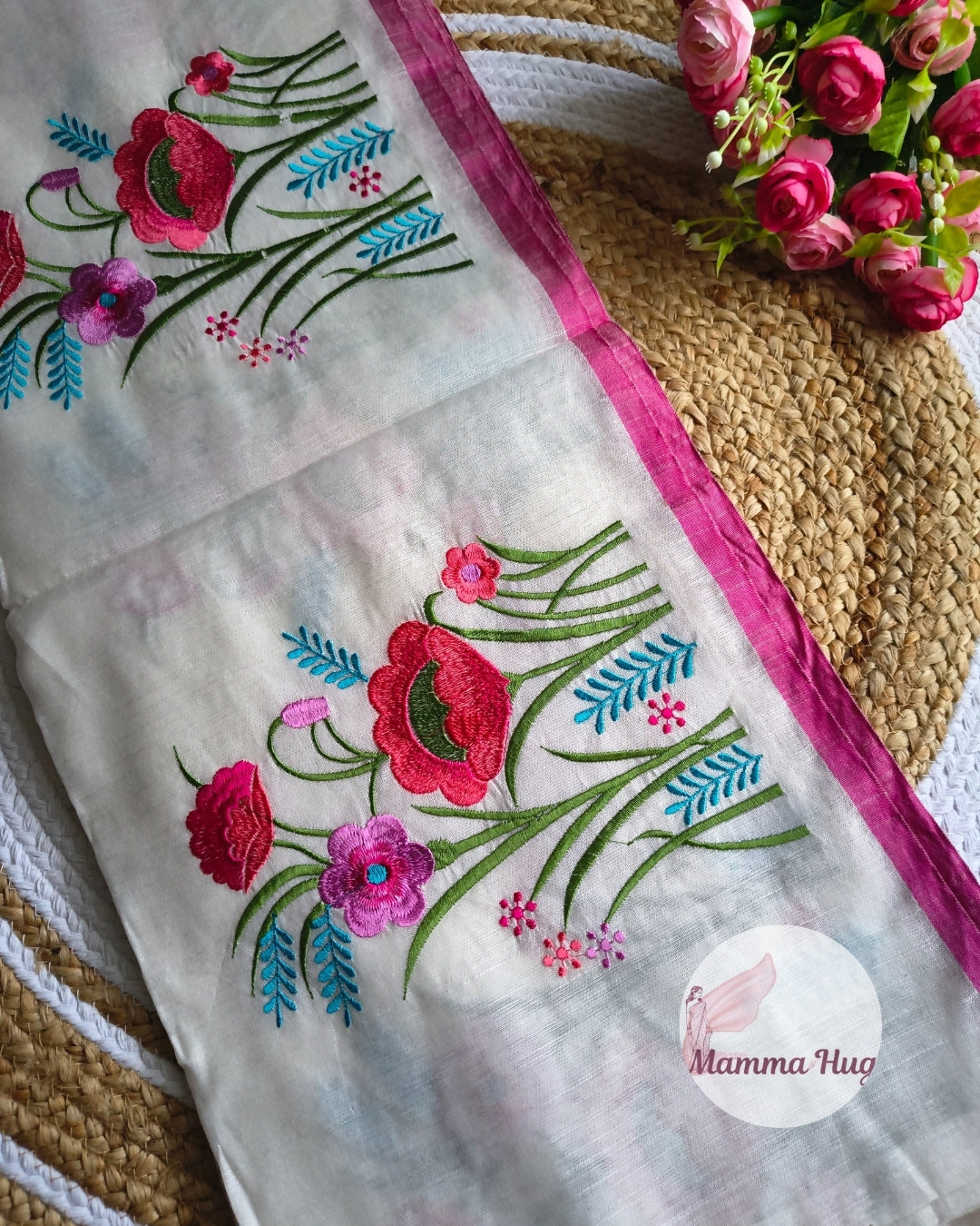 Floral Embroidery Handloom Saree - Slub Cotton (White-Pink)