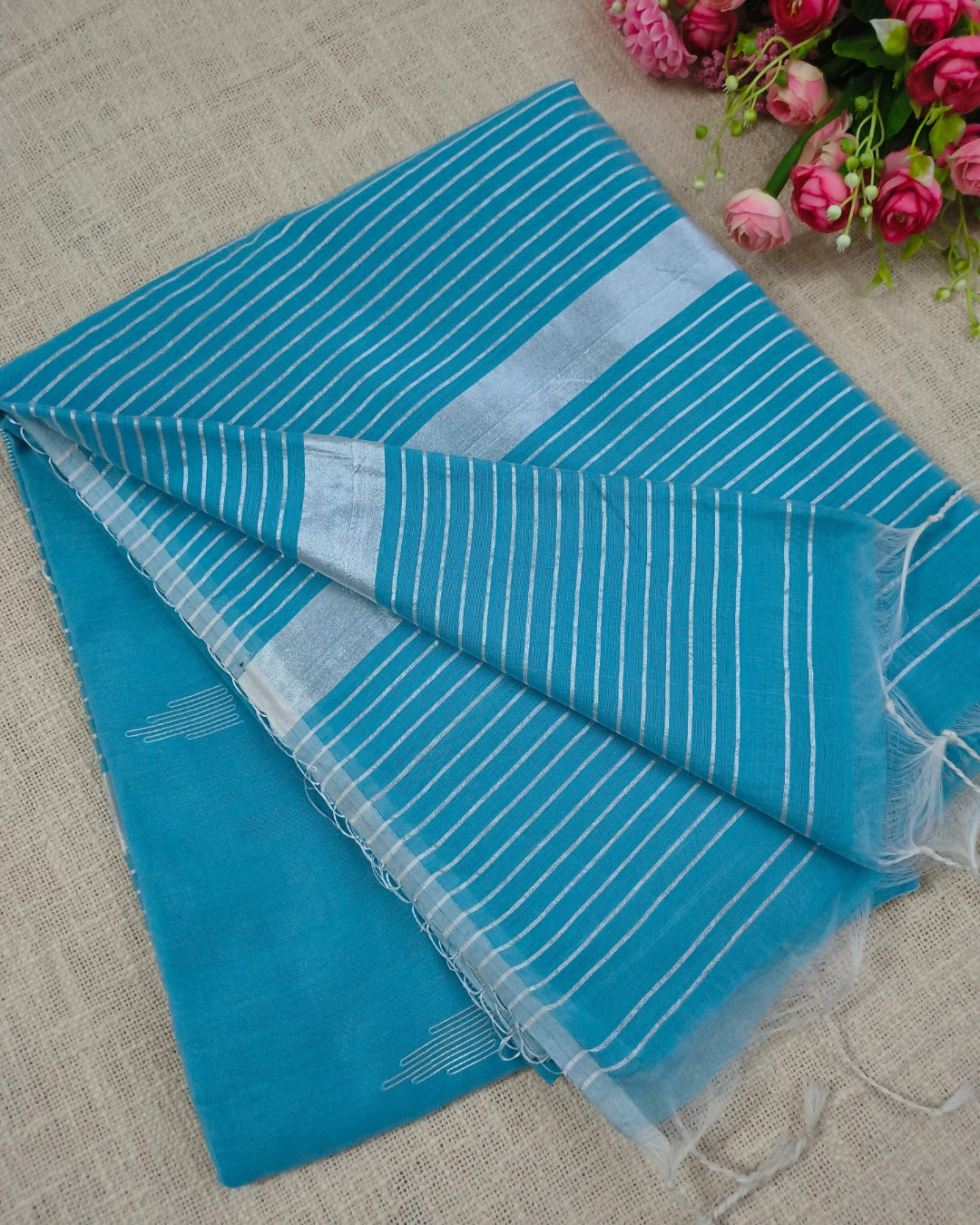 Cotton Silk Handloom Saree Woven with Silver Zari - Sky Blue