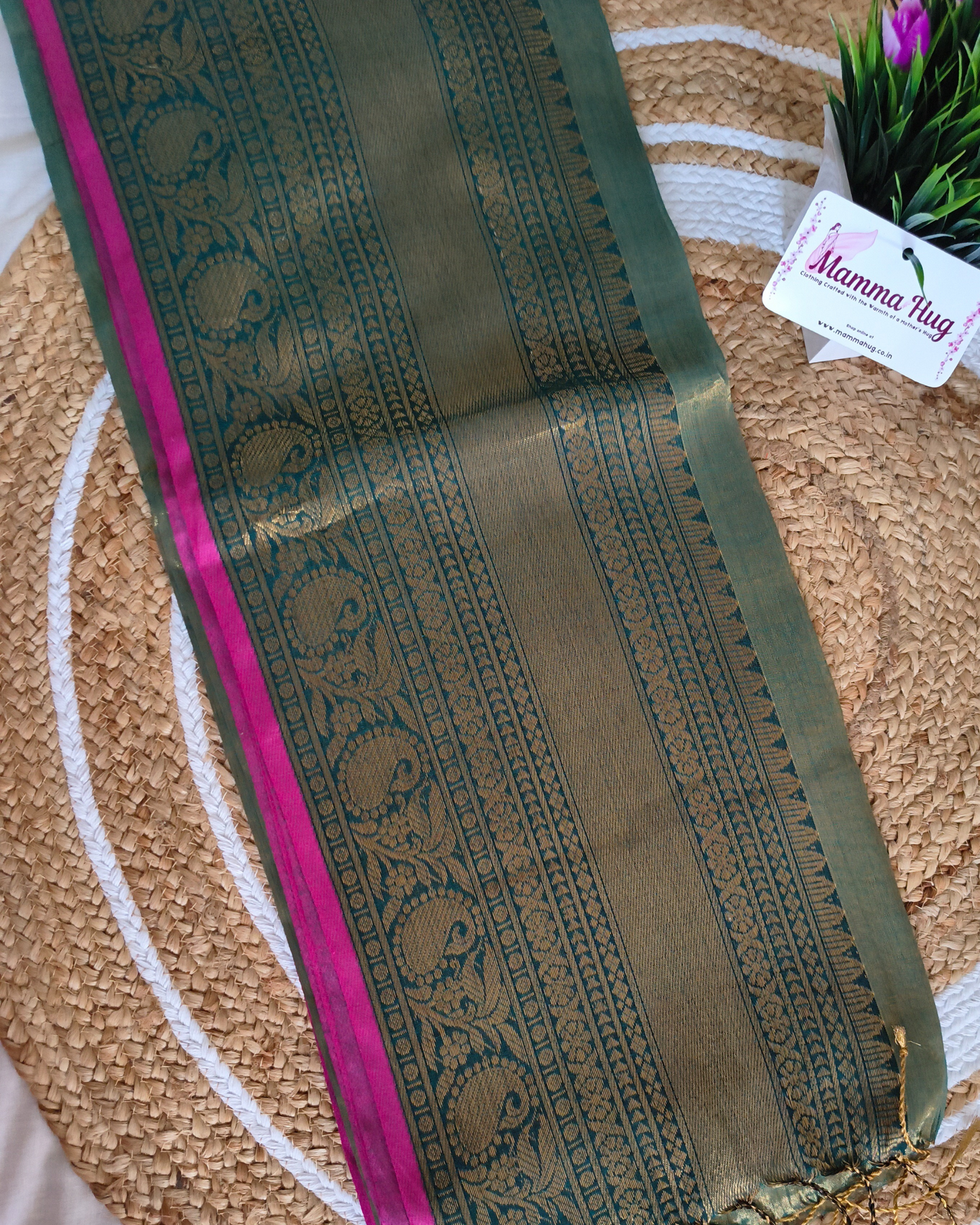 Khadi Tissue Handloom Saree with Thread Woven Border - Copper Green