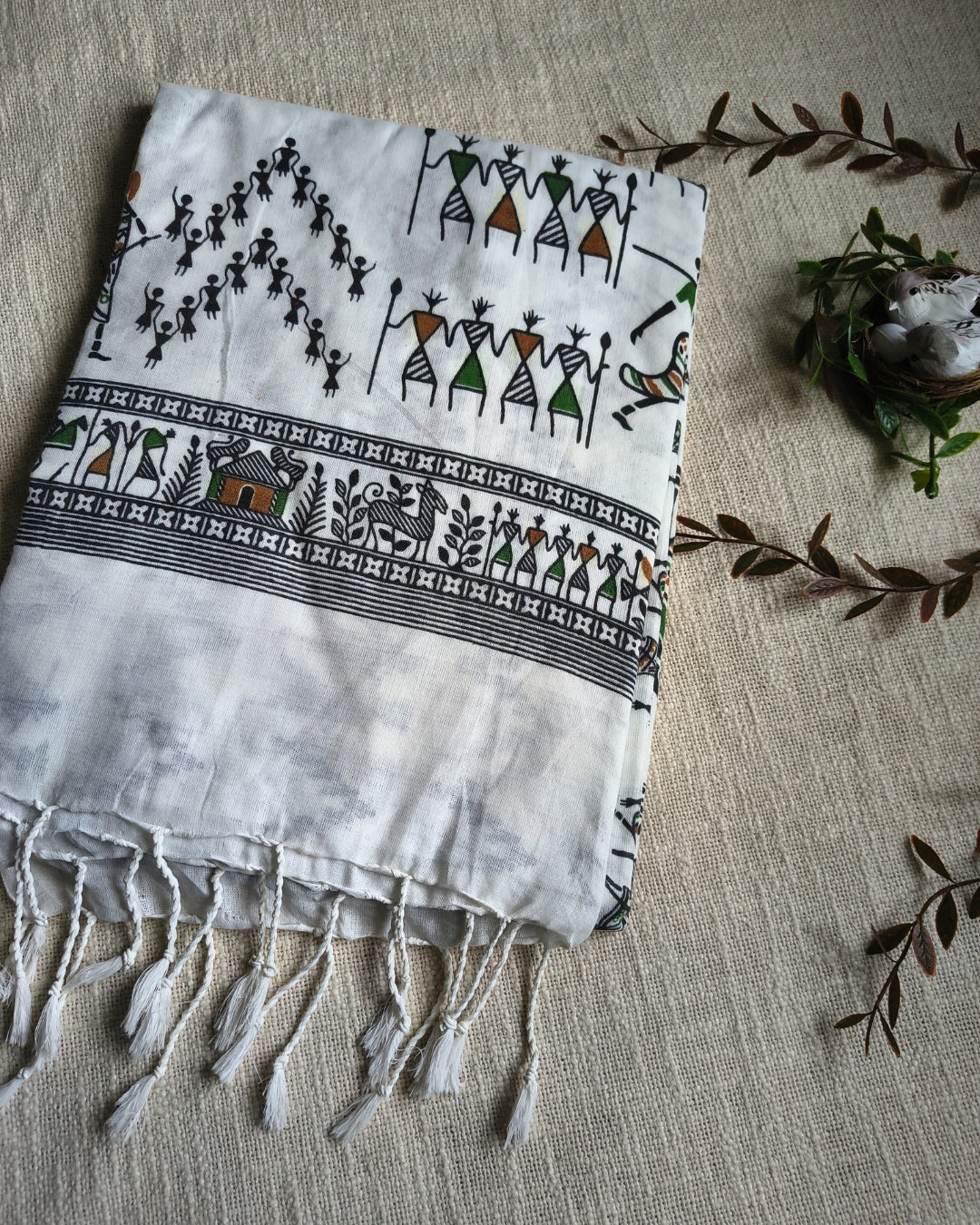 Khadi Cotton Handloom Saree - Madhubani Design - White