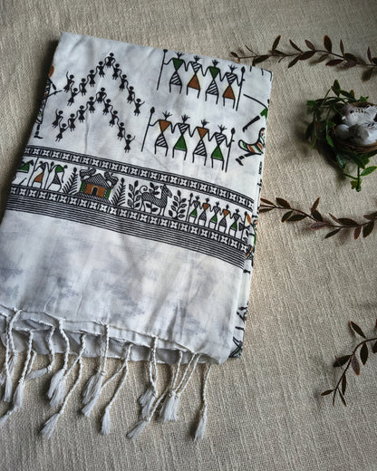 Khadi Cotton Handloom Saree - Madhubani Design - White