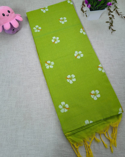 Khadi Cotton Handloom Saree Floral Painted - Parrot Green