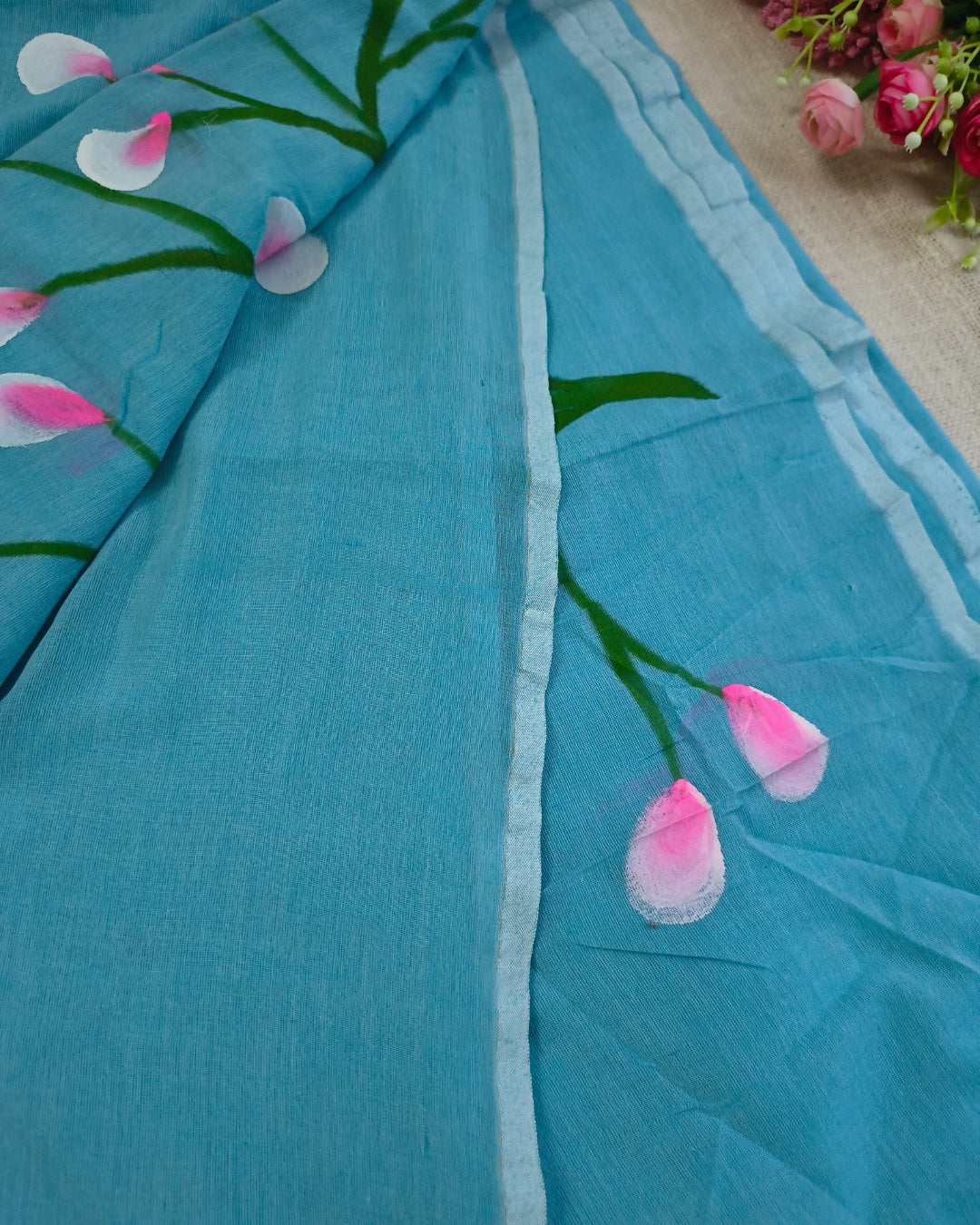 Soft Cotton Handloom Saree with Hand-Painted Floral Design - Sky Blue