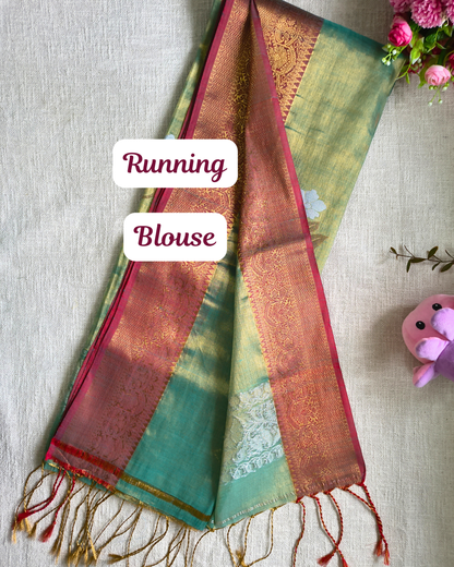 Handloom Metalic Tissue Linen with Jamdhani Weaving Buttas - Sage Green