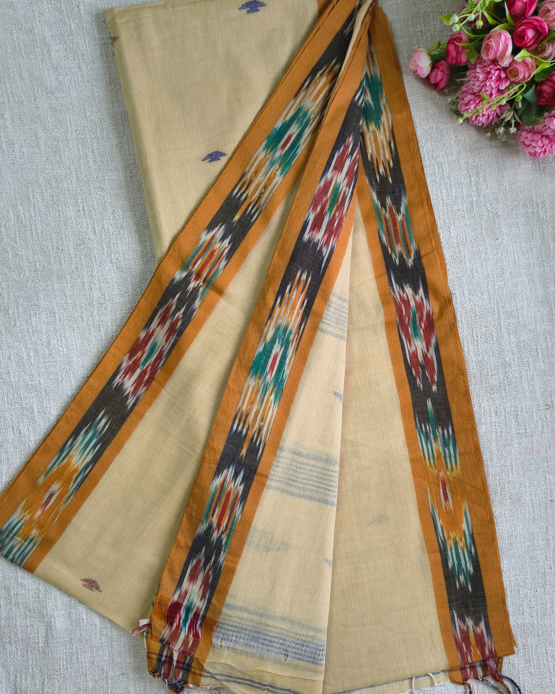Pure Cottom Handloom Saree - Ikkat - Sandal