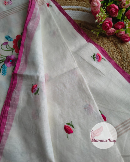 Floral Embroidery Handloom Saree - Slub Cotton (White-Pink)